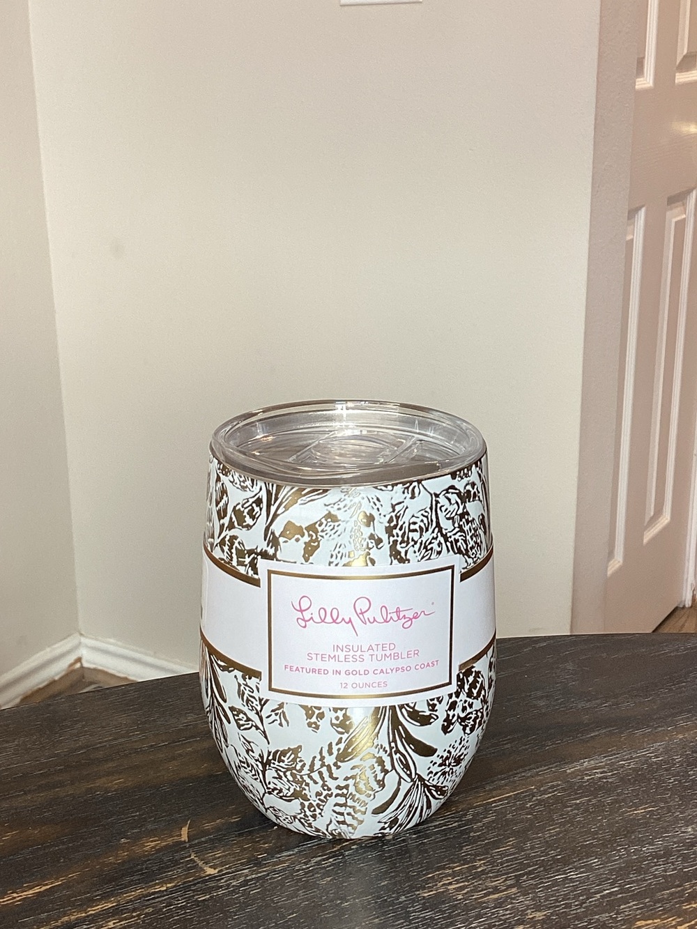 Lilly Pulitzer Gold Calypso Coast White and Gold Insulated Stemless Tumbler
